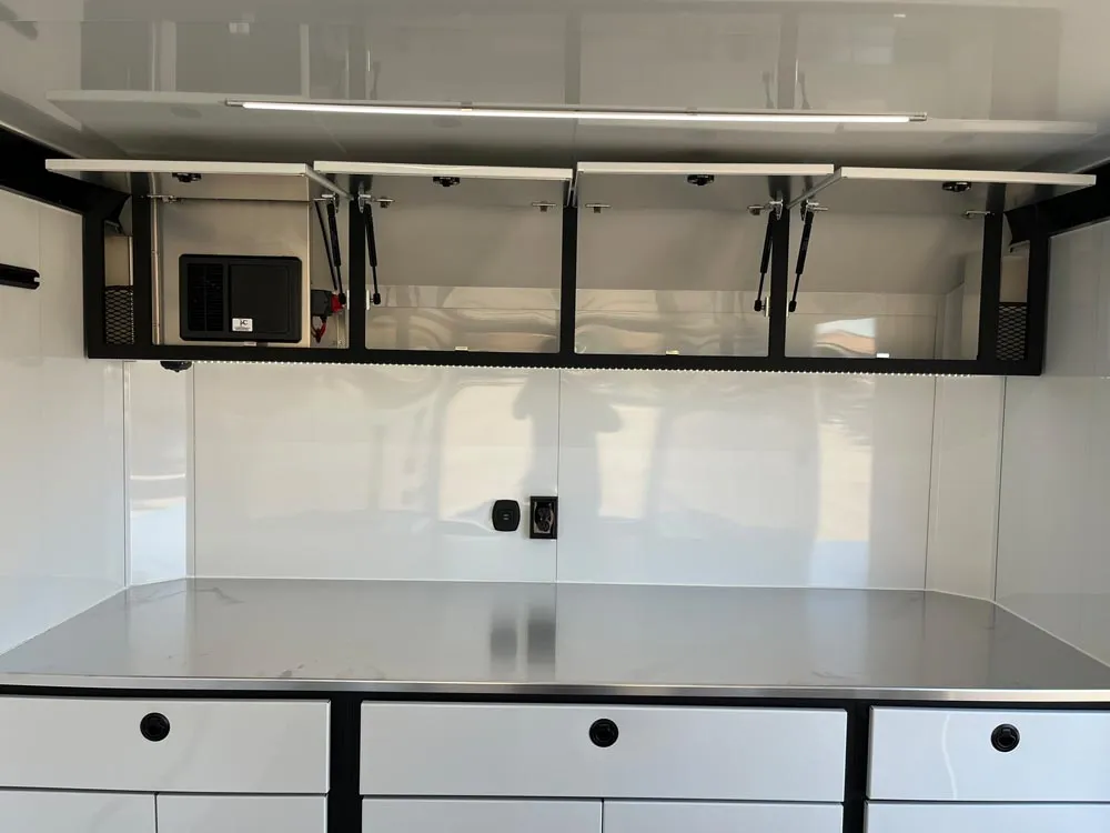 8.5 x 24 ATC ROM 450 Sport/Car Hauler Polar White top cabinets open