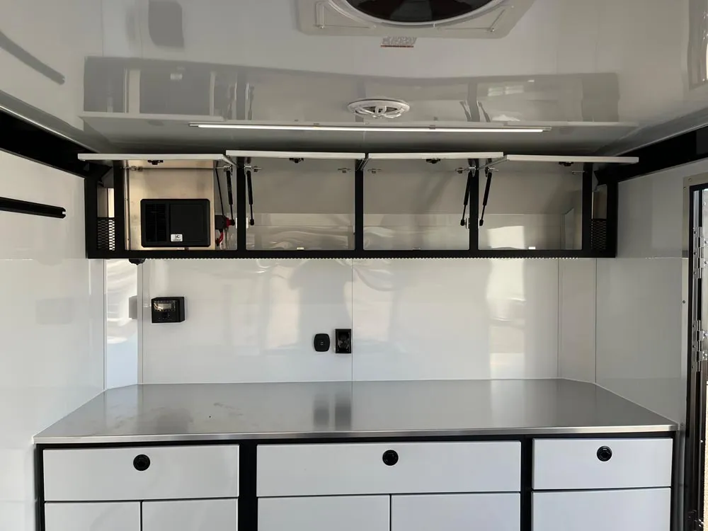 8.5 x 24 ATC ROM 450 Sport/Car Hauler Polar White top cabinets open