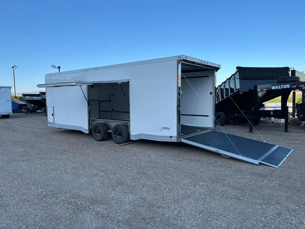 8.5 x 24 ATC ROM 550 Sport/Car Hauler Polar White outside ramp down side access open