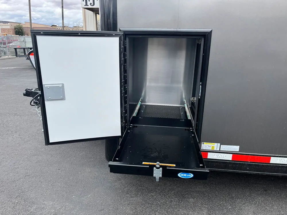 8.5 x 28 ATC ROM 550 Sport/Car Hauler Med Charcoal Exterior Storage Door Open