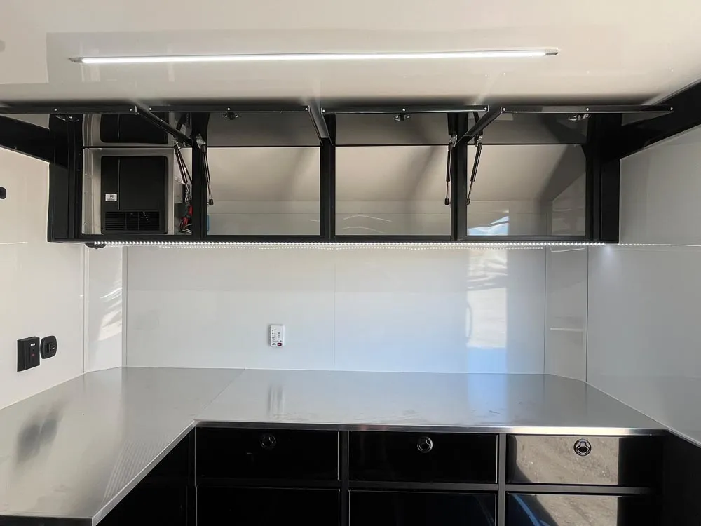 8.5 x 32 ATC ROM 550 Sport/Car Hauler Polar White top cabinets open