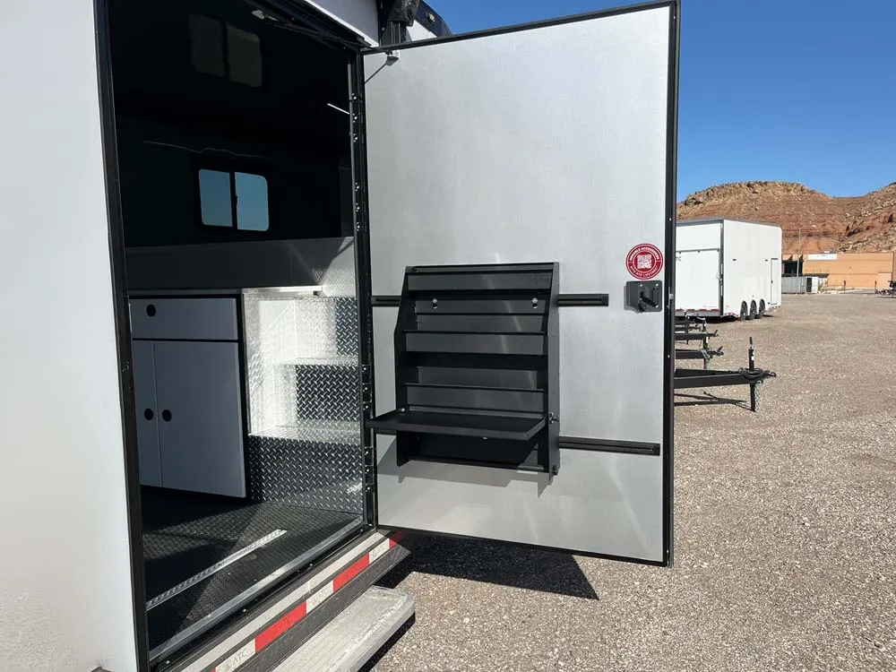 8.5 x 40 ATC ROM 750G Sport/Car Hauler Gooseneck Polar White side door open with storage