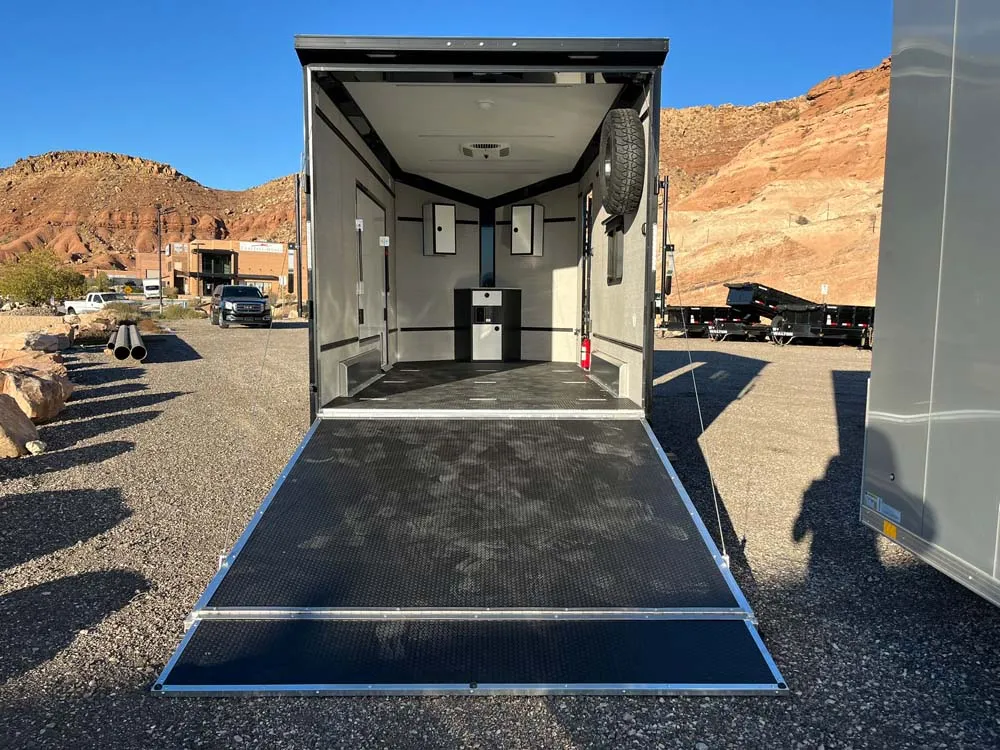 7.5 x 14 ATC STO 450 Cargo Trailer Tandem Dove Grey rear ramp down