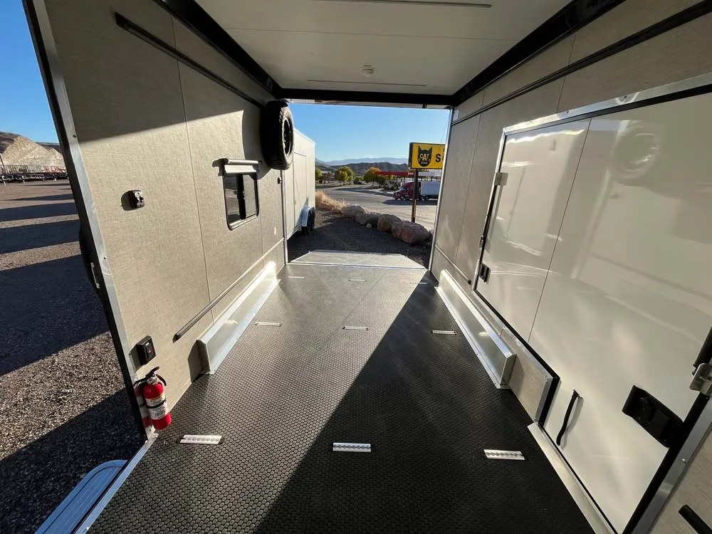 7.5 x 14 ATC STO 450 Cargo Trailer Tandem Dove Grey inside towards rear ramp down