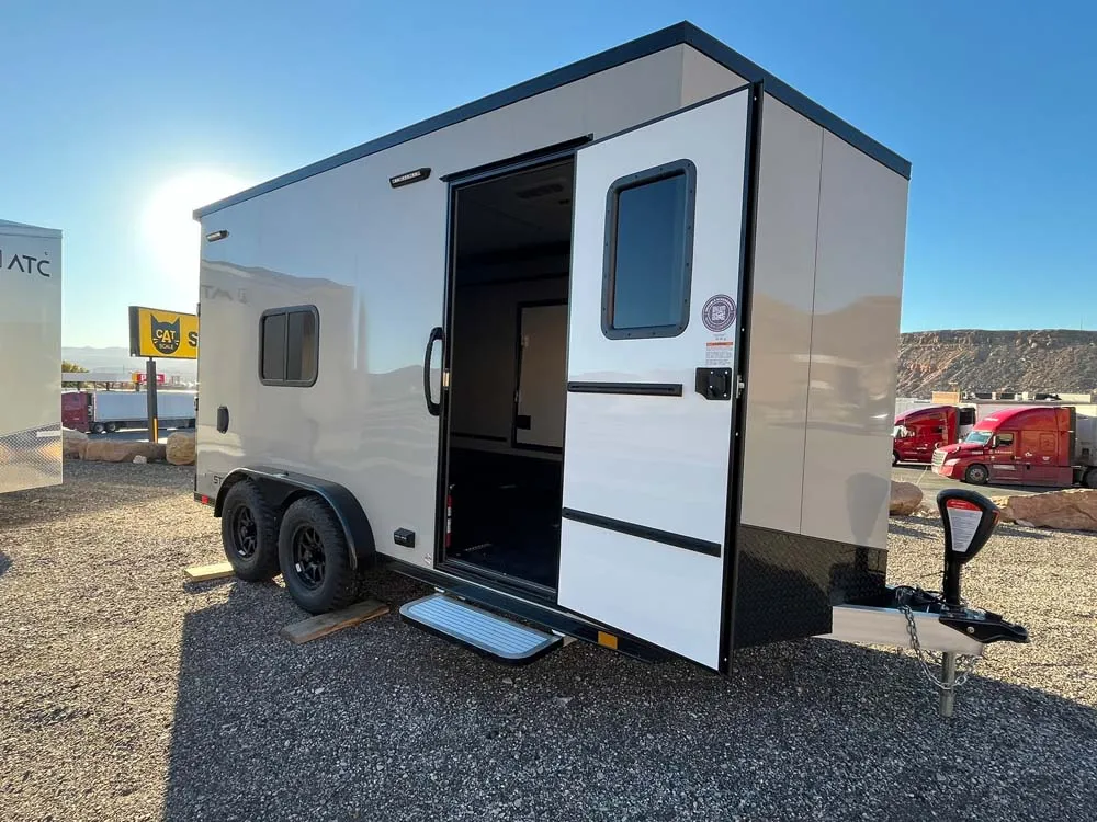 7.5 x 14 ATC STO 450 Cargo Trailer Tandem Dove Grey side door open