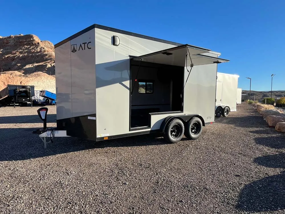 7.5 x 14 ATC STO 450 Cargo Trailer Tandem Dove Grey left side hatch open