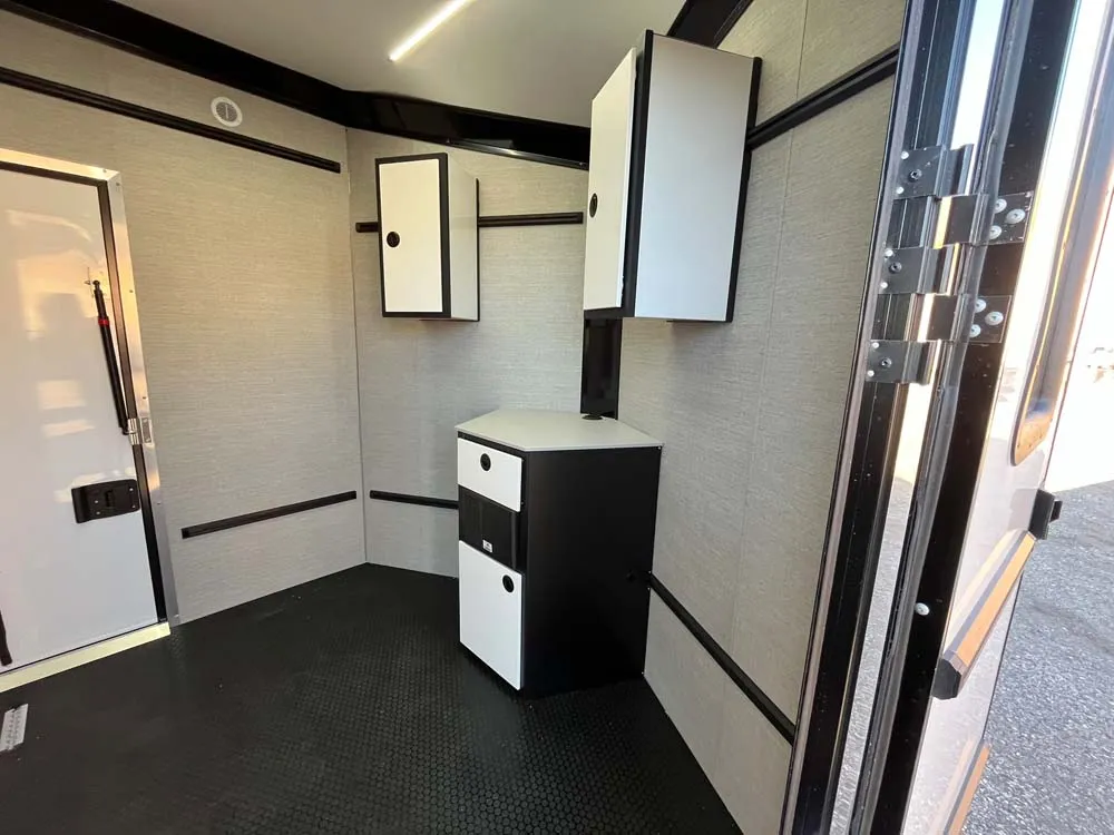 7.5 x 14 ATC STO 450 Cargo Trailer Tandem Dove Grey front cabinets