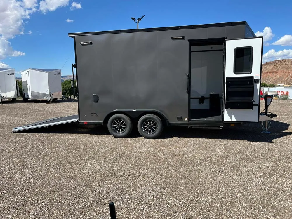 7.5 x 14 ATC STO 450 Cargo Trailer Tandem Med Charcoal right side door open