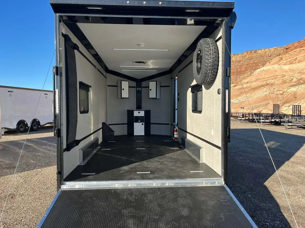 7.5 x 16 ATC STO 450 Cargo Trailer Tandem Polar White inside rear ramp down