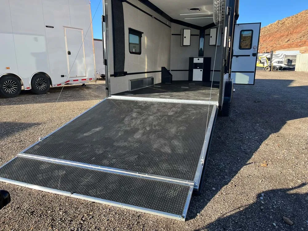 7.5 x 16 ATC STO 450 Cargo Trailer Tandem Polar White right side rear ramp down