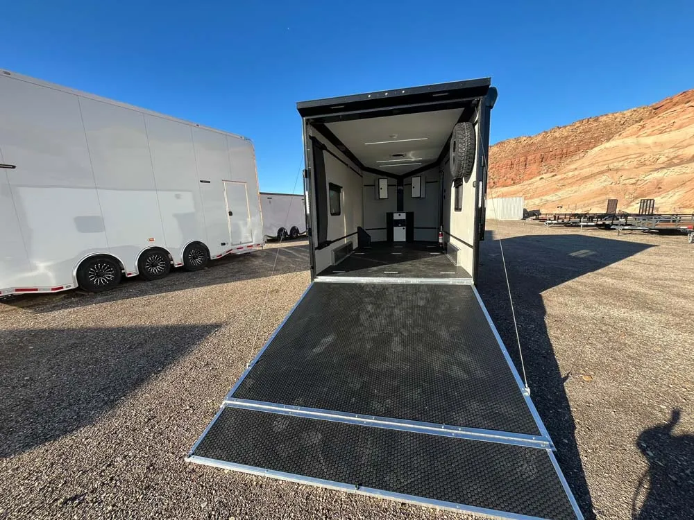 7.5 x 16 ATC STO 450 Cargo Trailer Tandem Polar White rear ramp down