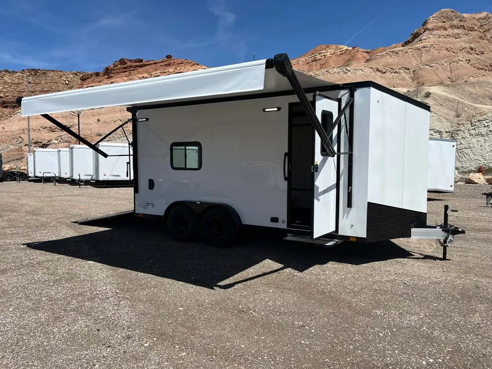7.5 x 16 ATC STO 450 Cargo Trailer Tandem Polar White awning open
