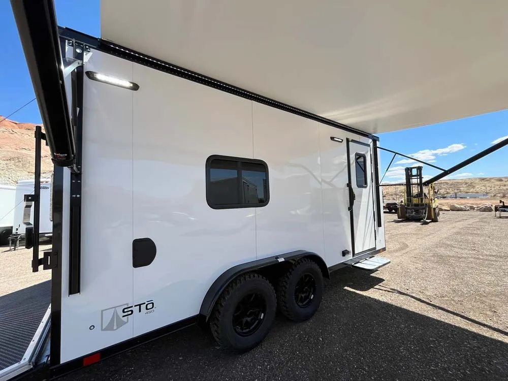 7.5 x 16 ATC STO 450 Cargo Trailer Tandem Polar White under awning