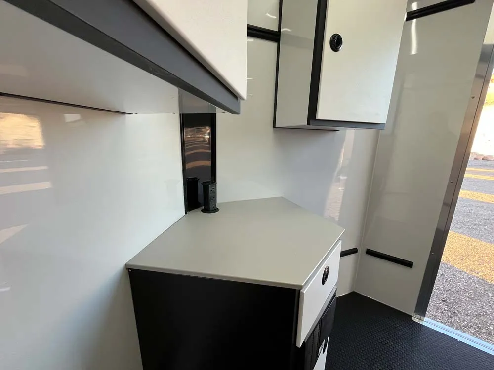 7.5 x 16 ATC STO 450 Cargo Trailer Tandem Silver Frost front cabinet counter