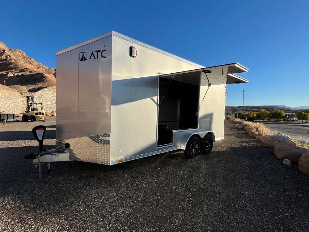 7.5 x 16 ATC STO 450 Cargo Trailer Tandem Silver Frost side escape door open