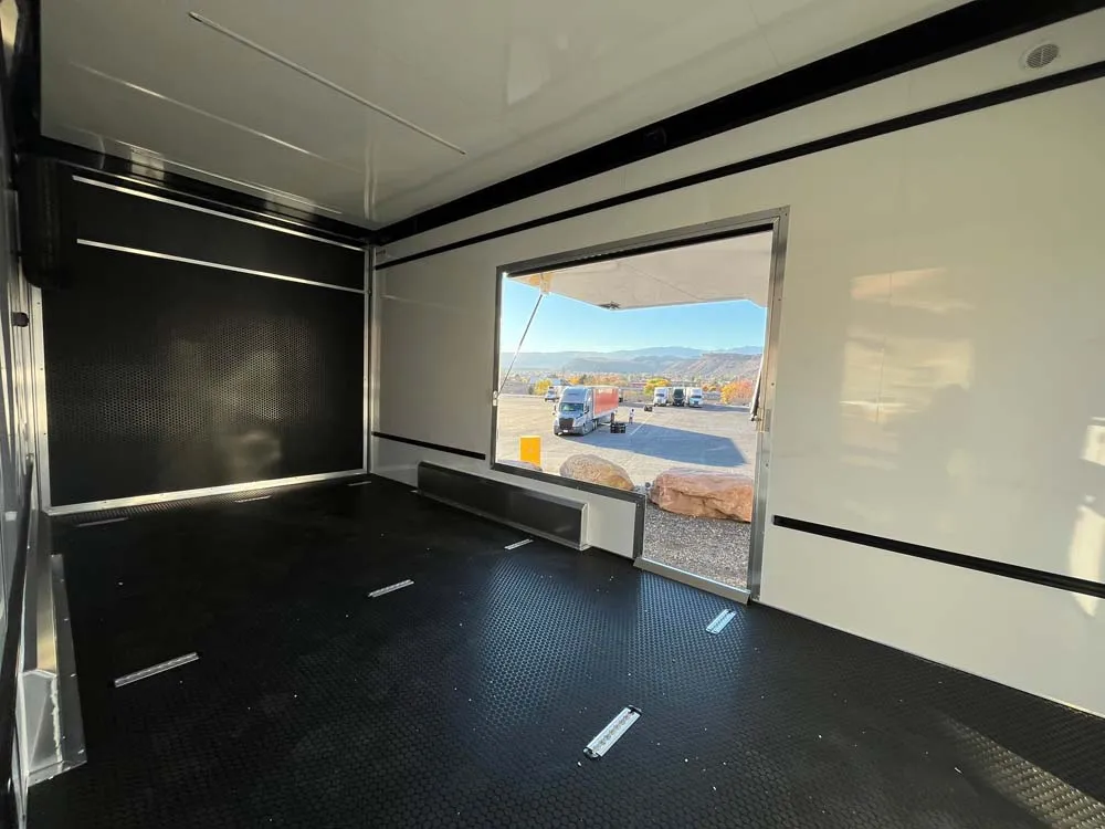 7.5 x 16 ATC STO 450 Cargo Trailer Tandem Silver Frost inside escape hatch open