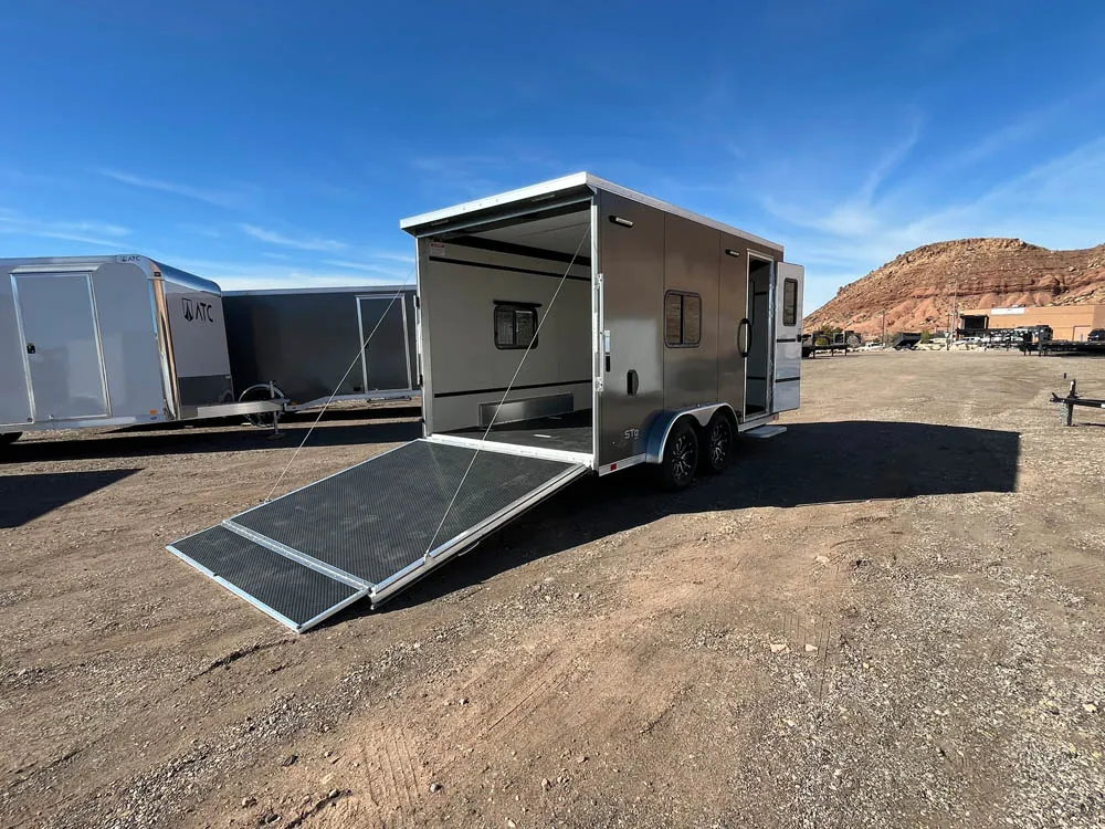 7 x 14 ATC STO 450 Cargo Trailer Tandem Med Charcoal Rear Ramp Open Right Side