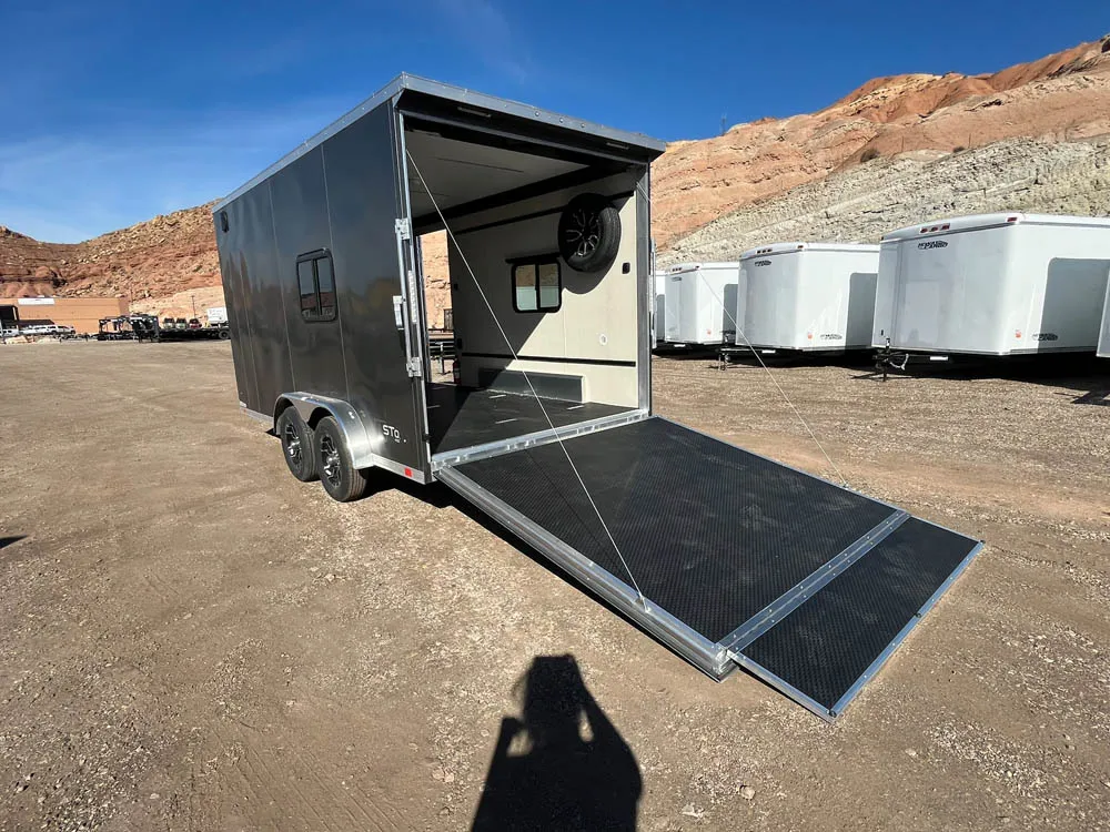 7 x 14 ATC STO 450 Cargo Trailer Tandem Med Charcoal Rear Ramp Open Left Side