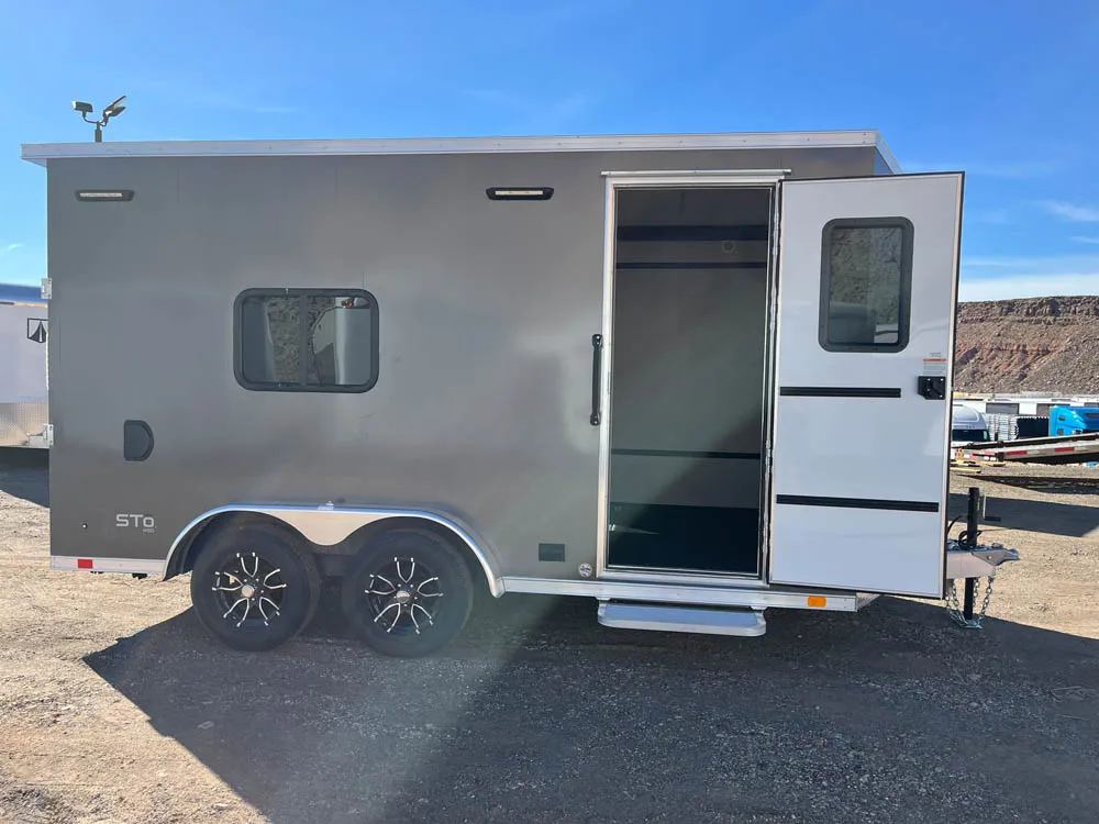 7 x 14 ATC STO 450 Cargo Trailer Tandem Med Charcoal Side Door Open