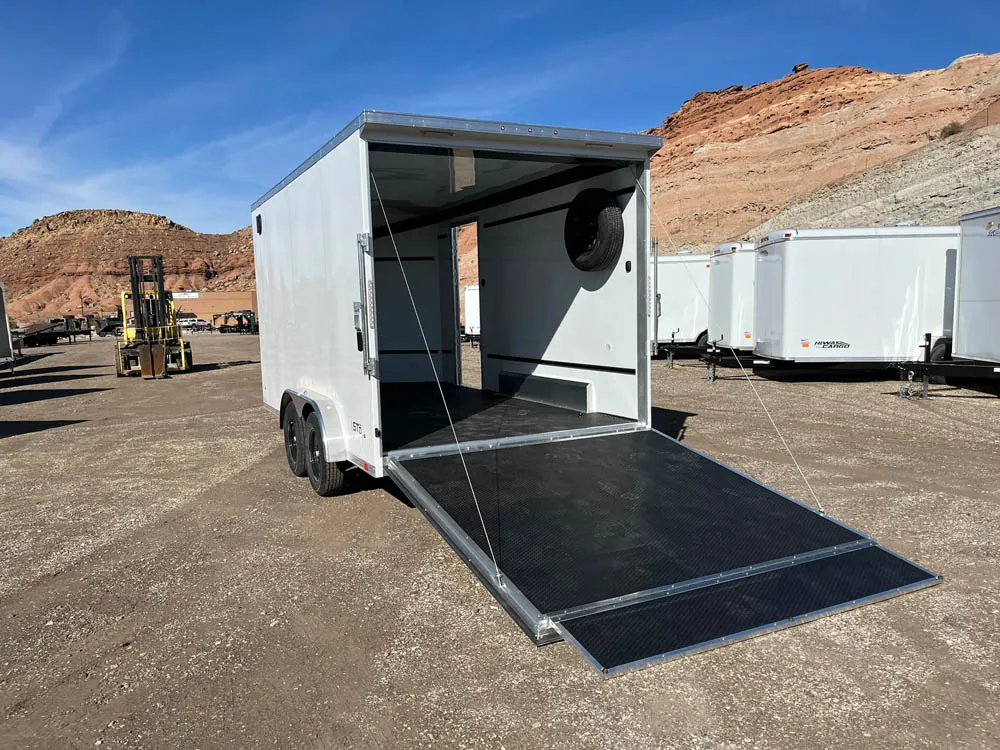 7 x 14 ATC STO 450 Cargo Trailer Tandem White Rear Ramp Down Angle