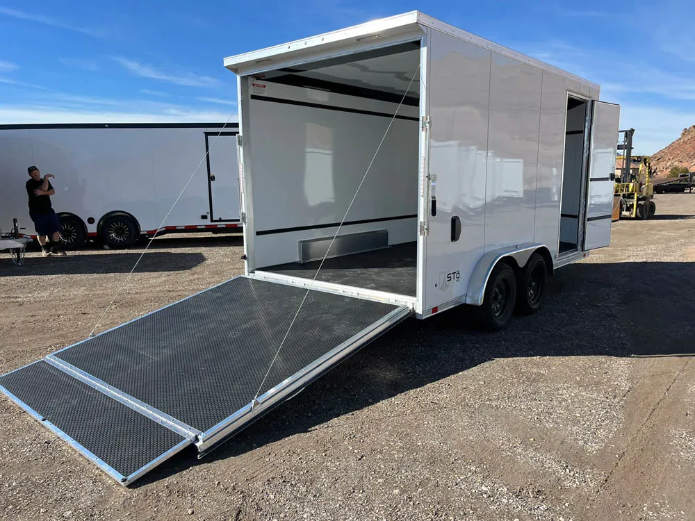 7 x 14 ATC STO 450 Cargo Trailer Tandem White Rear Ramp Down Right Side