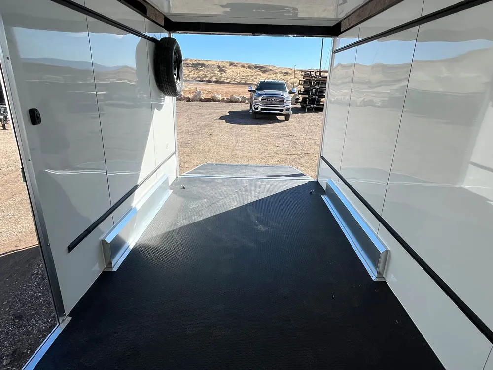 7 x 14 ATC STO 450 Cargo Trailer Tandem White Inide Towards Rear Ramp Down