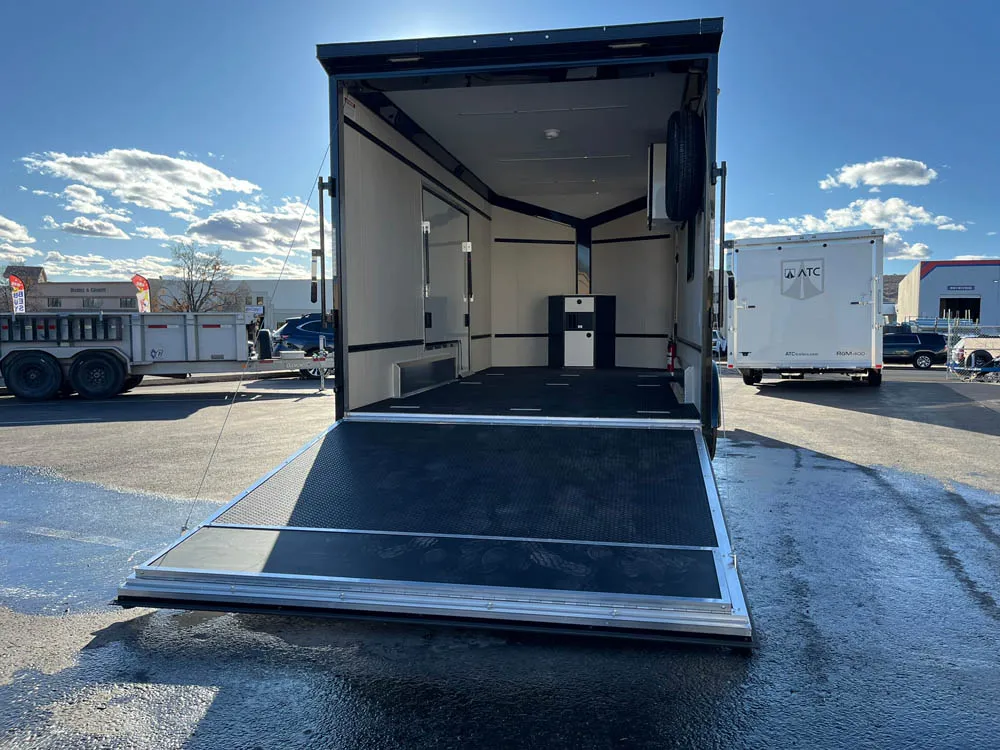 7 x 16 ATC STO 450 Cargo Trailer Tandem Dove Grey Rear Ramp Open