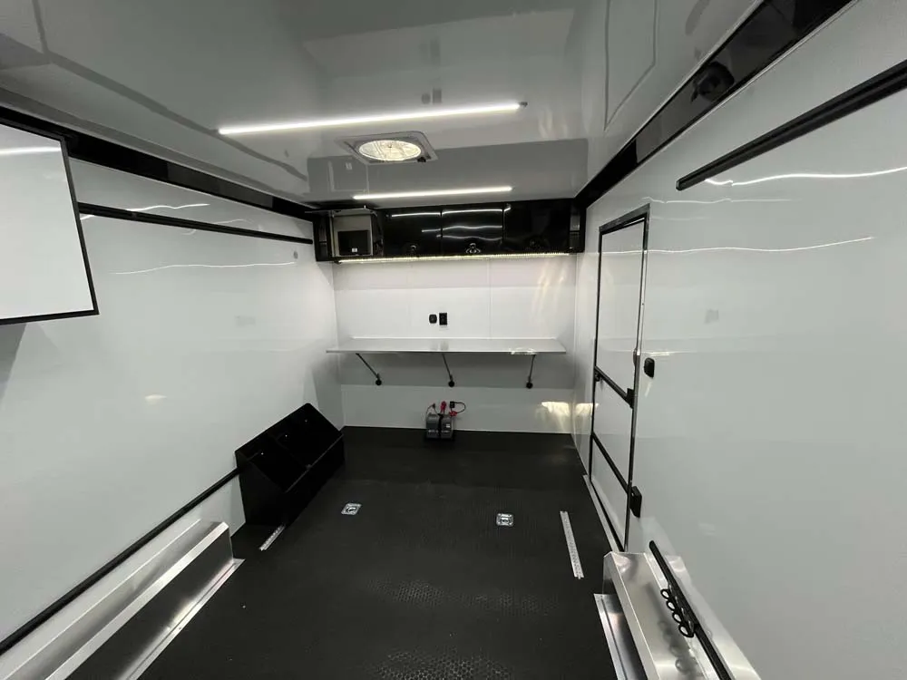 8.5 x 16 ATC STO 450 Cargo Trailer Tandem Dove Grey interior from rear