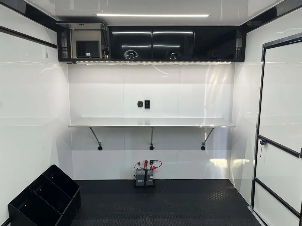 8.5 x 16 ATC STO 450 Cargo Trailer Tandem Dove Grey interior front table cabinets