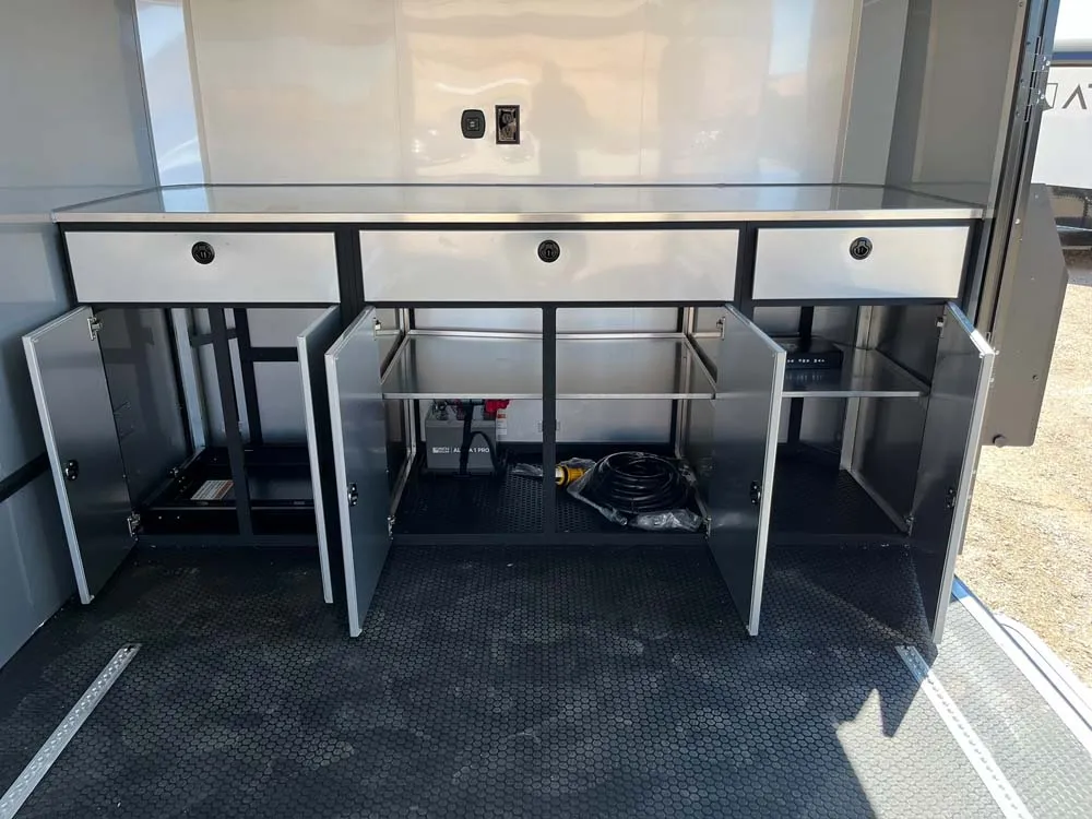 8.5 x 20 ATC STO 450 Cargo Trailer Tandem Silver Frost bottom cabinets open