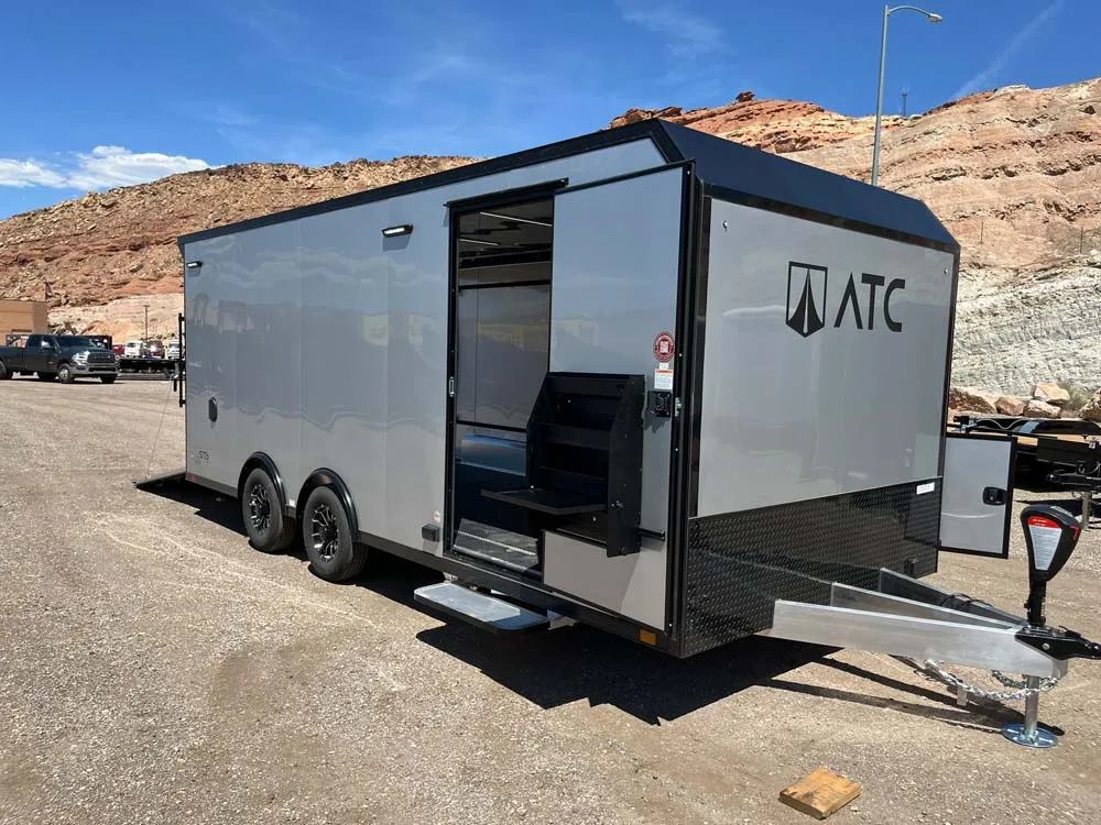 8.5 x 20 ATC STO 450 Cargo Trailer Tandem Silver Frost side door open with storage