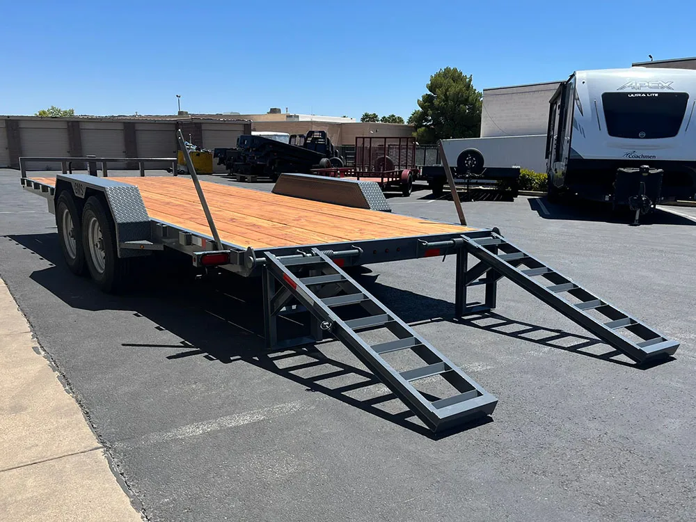 7 x 20 GMS Flat Bed Trailer 14K Tandem Gray rear ramps left side