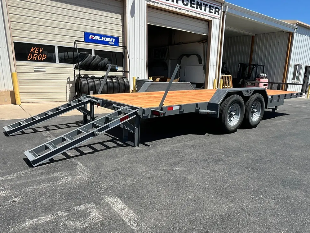 7 x 20 GMS Flat Bed Trailer 14K Tandem Gray rear ramps right side